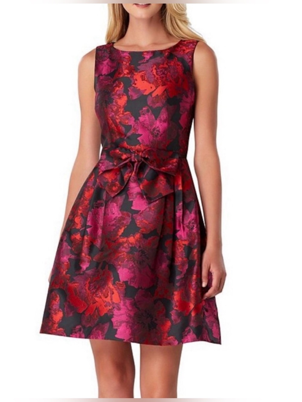 Tahari Jacquard Bow Pocket Fit And Flare Party Holiday Dress Red Pink Black 12